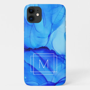 Modern Abstract Indigo Blue Purple Swirls Monogram Case-Mate iPhone Case