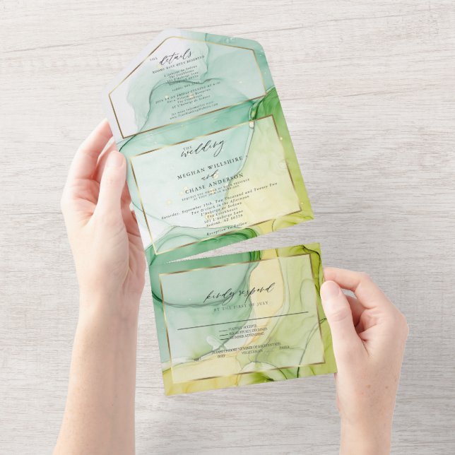 Modern Abstract Ink Lemon Yellow Green  All In One Invitation (Tearaway)
