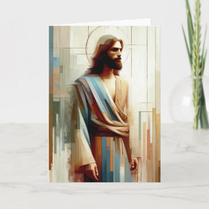 Modern Abstract Jesus Portrait Halo and Blue Sash Card