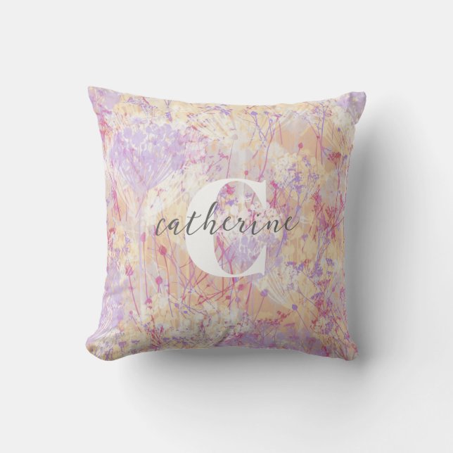 Modern Abstract Lavender Flowers Name Monogram Cushion (Front)