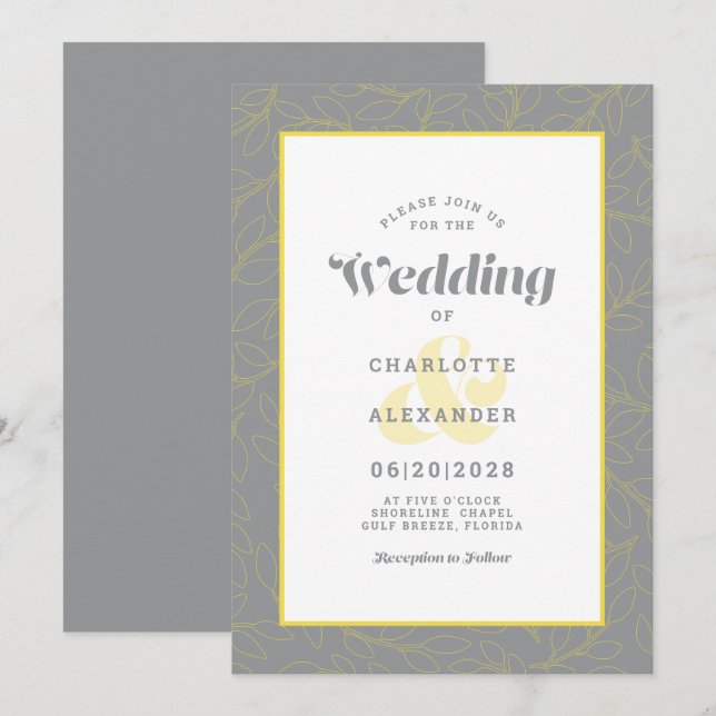Modern Abstract Leaves Pattern | Grey & Yellow Invitation (Front/Back)