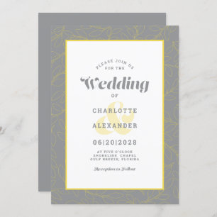 Modern Abstract Leaves Pattern Grey & Yellow Invitation