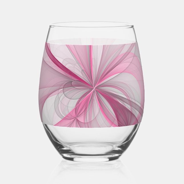 Modern Abstract Light Pink Gray Fractal Design Stemless Wine Glass (Front)