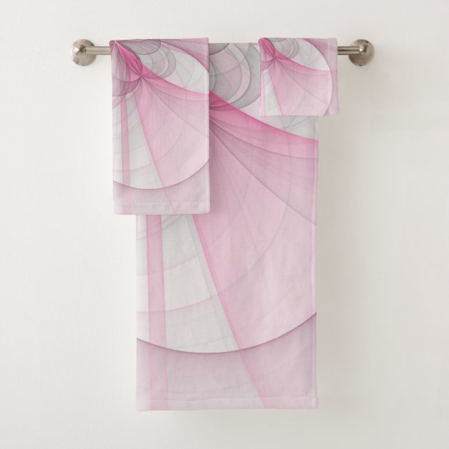 Modern Abstract Light Pink Grey Fractal Design Bath Towel Set (Insitu)