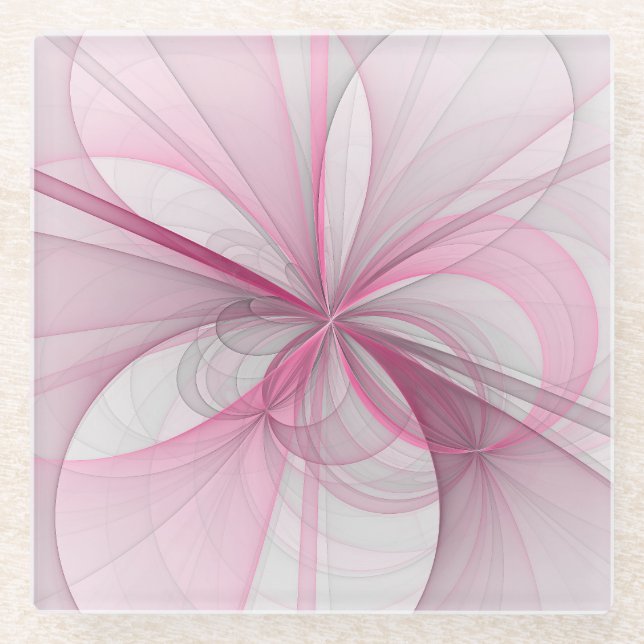 Modern Abstract Light Pink Grey Fractal Design Glass Coaster (Front)