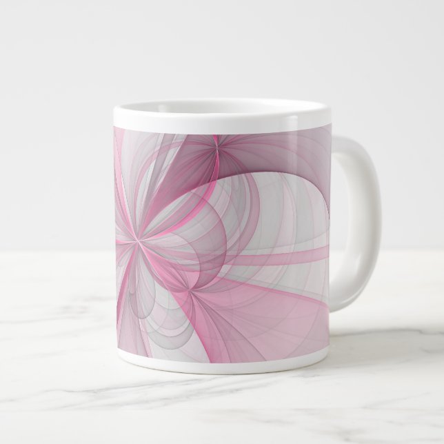 Modern Abstract Light Pink Grey Fractal Design Large Coffee Mug (Front Right)