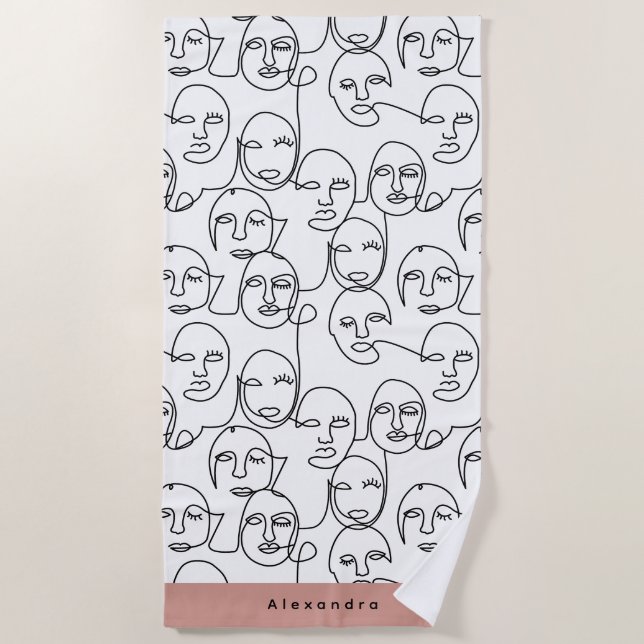 Modern Abstract Lines Faces Continuous Line Art Beach Towel (Front)