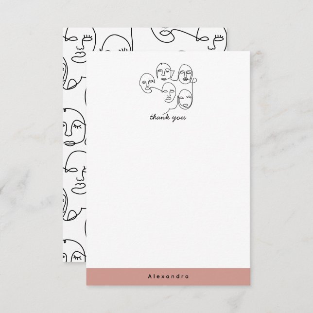 Modern Abstract Lines Faces Continuous Line Art Thank You Card (Front/Back)