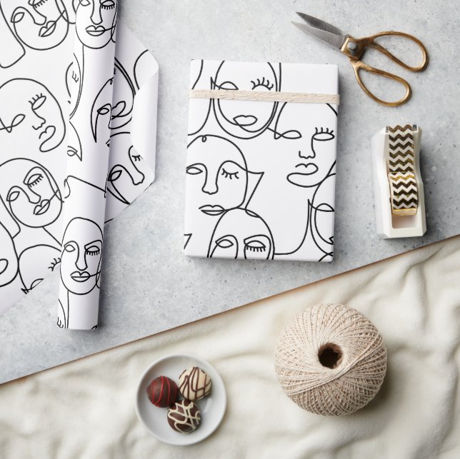 Modern Abstract Lines Faces Continuous Line Art Wrapping Paper (Crafts)