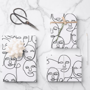 Modern Abstract Lines Faces Continuous Line Art Wrapping Paper Sheet