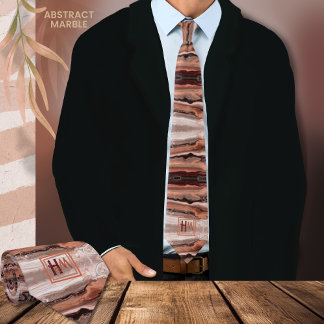 Modern Abstract Marble Pink Beige Brown Monogram Tie