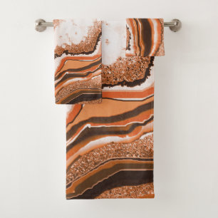 Modern Abstract Marbled Orange Carnelian Gemstone Bath Towel Set