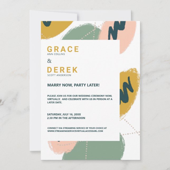 Modern Abstract Marry Now Celebrate Later Wedding Invitation (Front)