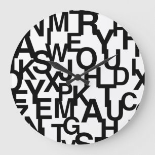 Modern, abstract, messy pattern with letters large clock