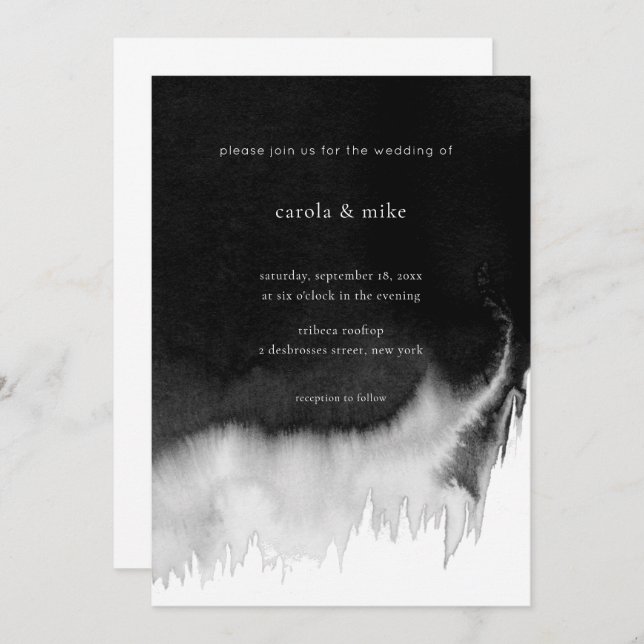 Modern Abstract Minimal Watercolor Black Wedding Invitation (Front/Back)