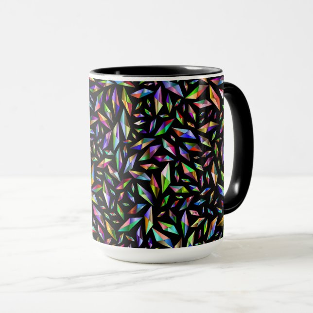 Modern abstract multicolored diamonds on black mug (Front Right)