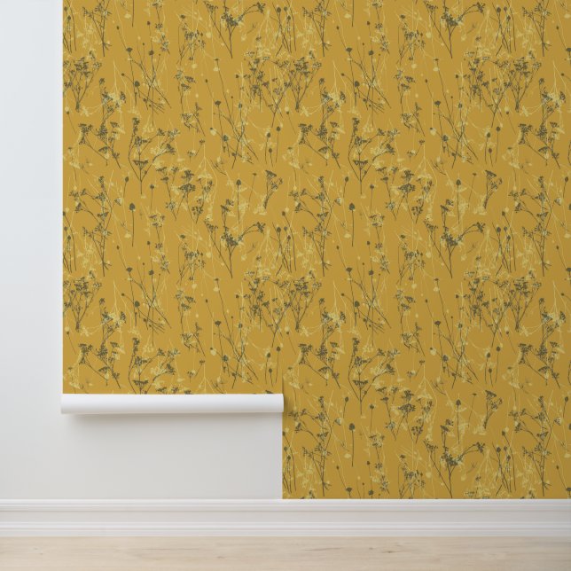 Modern Abstract Mustard Yellow Wildflowers Wallpaper (Application)