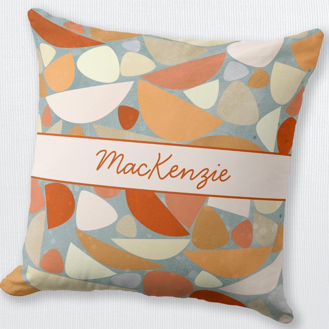 Modern Abstract Name Orange Cushion (Modern abstract orange cream and sea foam personalized script name throw pillow)