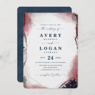 Modern Abstract Navy Blue & Burgundy Wedding Invitation