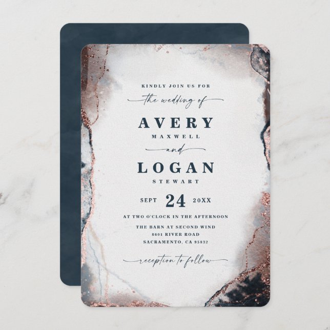 Modern Abstract Navy Blue & Rose Gold Wedding Invitation (Front/Back)