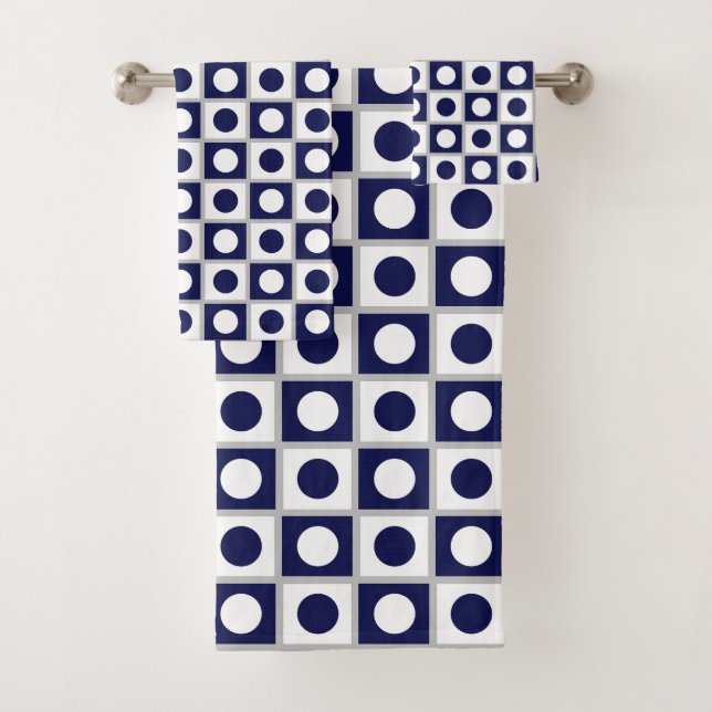 Modern Abstract Navy Blue & White Bath Towel Set (Insitu)