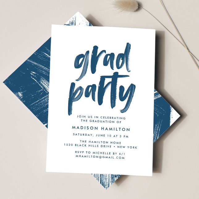 Modern Abstract Navy Brushstrokes Graduation Party Invitation (Creator Uploaded)