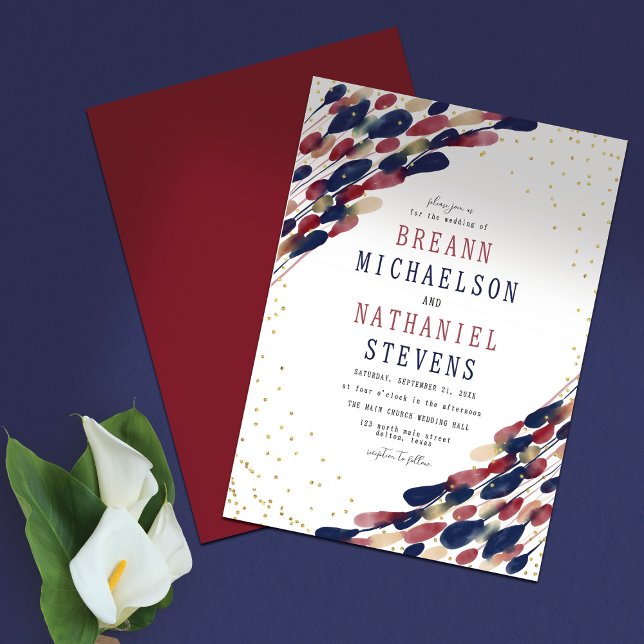 Modern Abstract Navy Burgundy Confetti Wedding Invitation (Creator Uploaded)