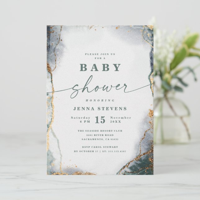 Modern Abstract Navy Green & Gold Baby Shower Invitation (Standing Front)