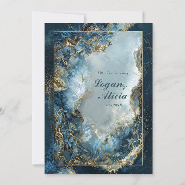 Modern Abstract Navy Indigo Gilded Marble Wedding Invitation (Front)