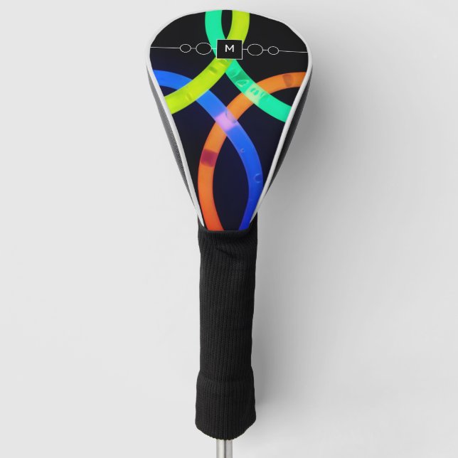 Modern Abstract Neon and Black Monogram Golf Head Cover (Front)