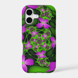 Modern Abstract Neon Pink Green Fractal Flowers