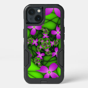 Modern Abstract Neon Pink Green Fractal Flowers