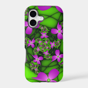 Modern Abstract Neon Pink Green Fractal Flowers