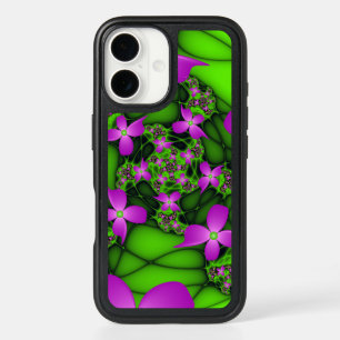 Modern Abstract Neon Pink Green Fractal Flowers