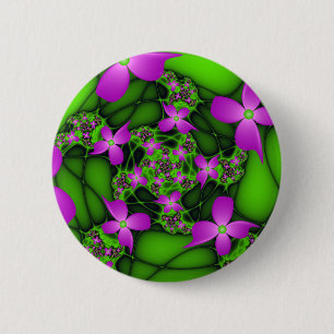 Modern Abstract Neon Pink Green Fractal Flowers 6 Cm Round Badge