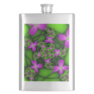 Modern Abstract Neon Pink Green Fractal Flowers Hip Flask