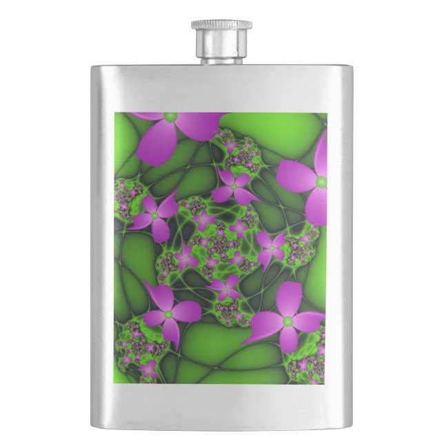 Modern Abstract Neon Pink Green Fractal Flowers Hip Flask (Front)