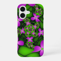 Modern Abstract Neon Pink Green Fractal Flowers