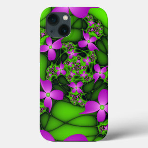 Modern Abstract Neon Pink Green Fractal Flowers iPhone 13 Case