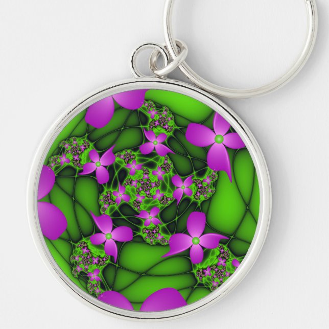 Modern Abstract Neon Pink Green Fractal Flowers Key Ring (Front)