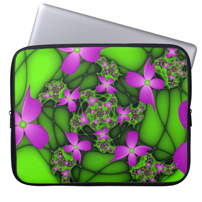 Modern Abstract Neon Pink Green Fractal Flowers Laptop Sleeve (Front)