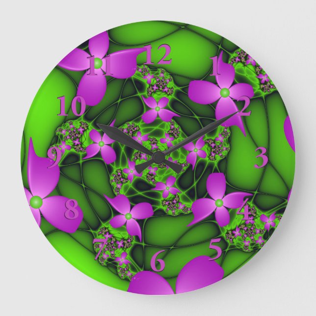 Modern Abstract Neon Pink Green Fractal Flowers Large Clock (Front)