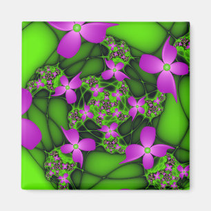 Modern Abstract Neon Pink Green Fractal Flowers Magnet