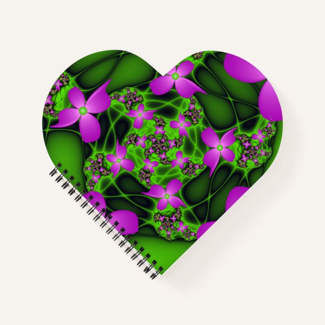 Modern Abstract Neon Pink Green Fractal Flowers Notebook (Front)