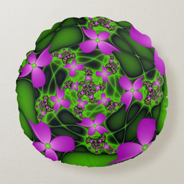 Modern Abstract Neon Pink Green Fractal Flowers Round Cushion (Front)