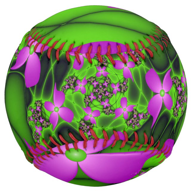 Modern Abstract Neon Pink Green Fractal Flowers Softball (Front)