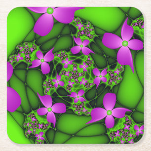 Modern Abstract Neon Pink Green Fractal Flowers Square Paper Coaster