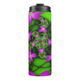 Modern Abstract Neon Pink Green Fractal Flowers Thermal Tumbler