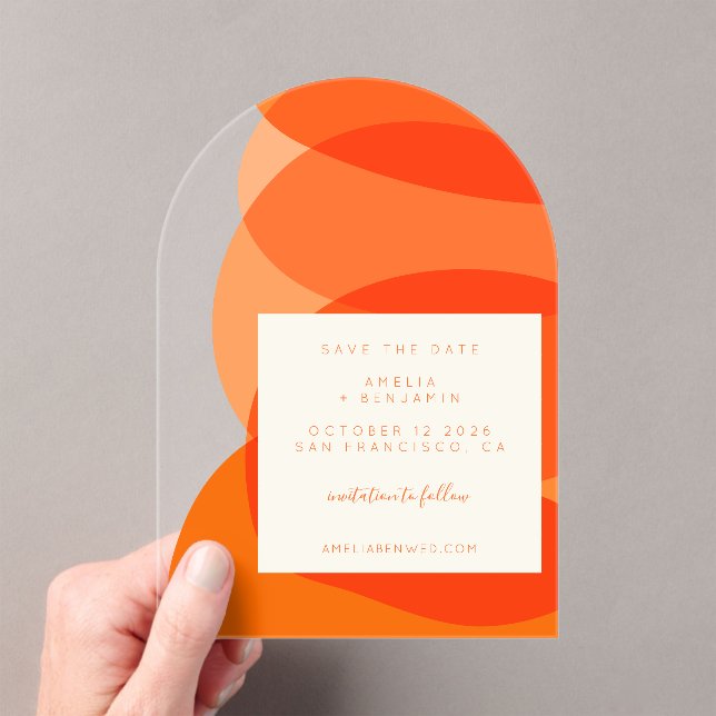 Modern Abstract Orange Unique Arch Save the Date  Acrylic Invitations (Insitu (Handheld))