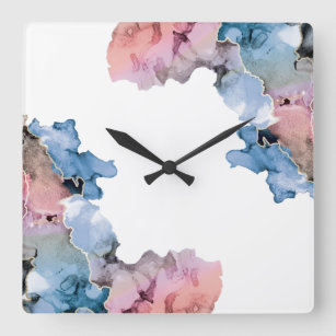 Modern Abstract Paint Splash Inks Blue Pink Square Wall Clock
